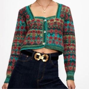 Zara Floral Jacquard Knit Cardigan Green Small Cropped Long Sleeve Blogger Fav
